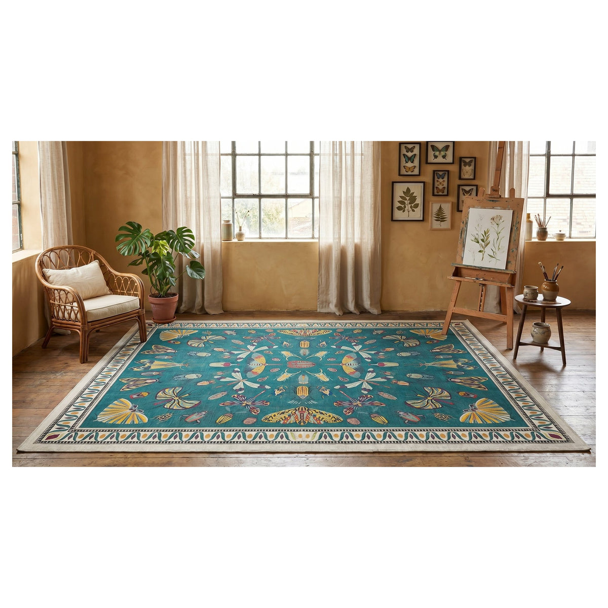 Teal · Washable Butterfly Botanical Rug