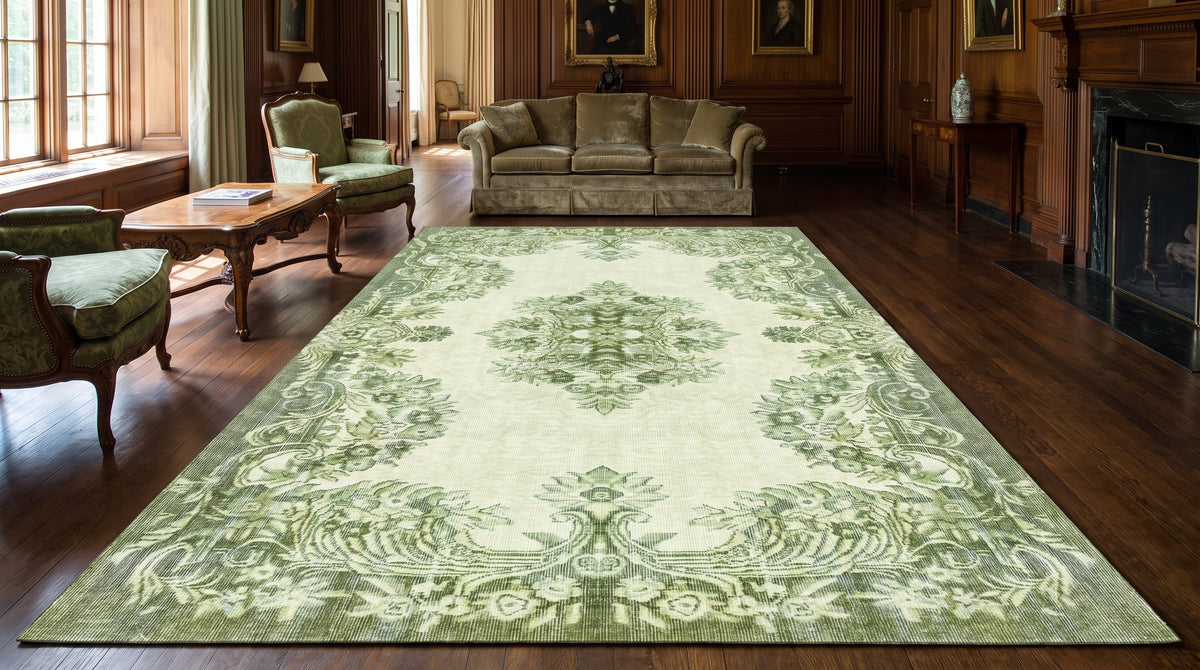 Green · Washable Damask Medallion Rug