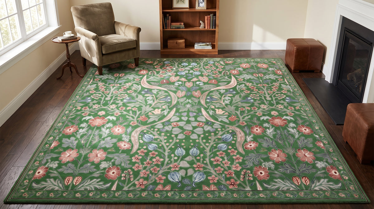 Green · Washable Morris Floral Rug