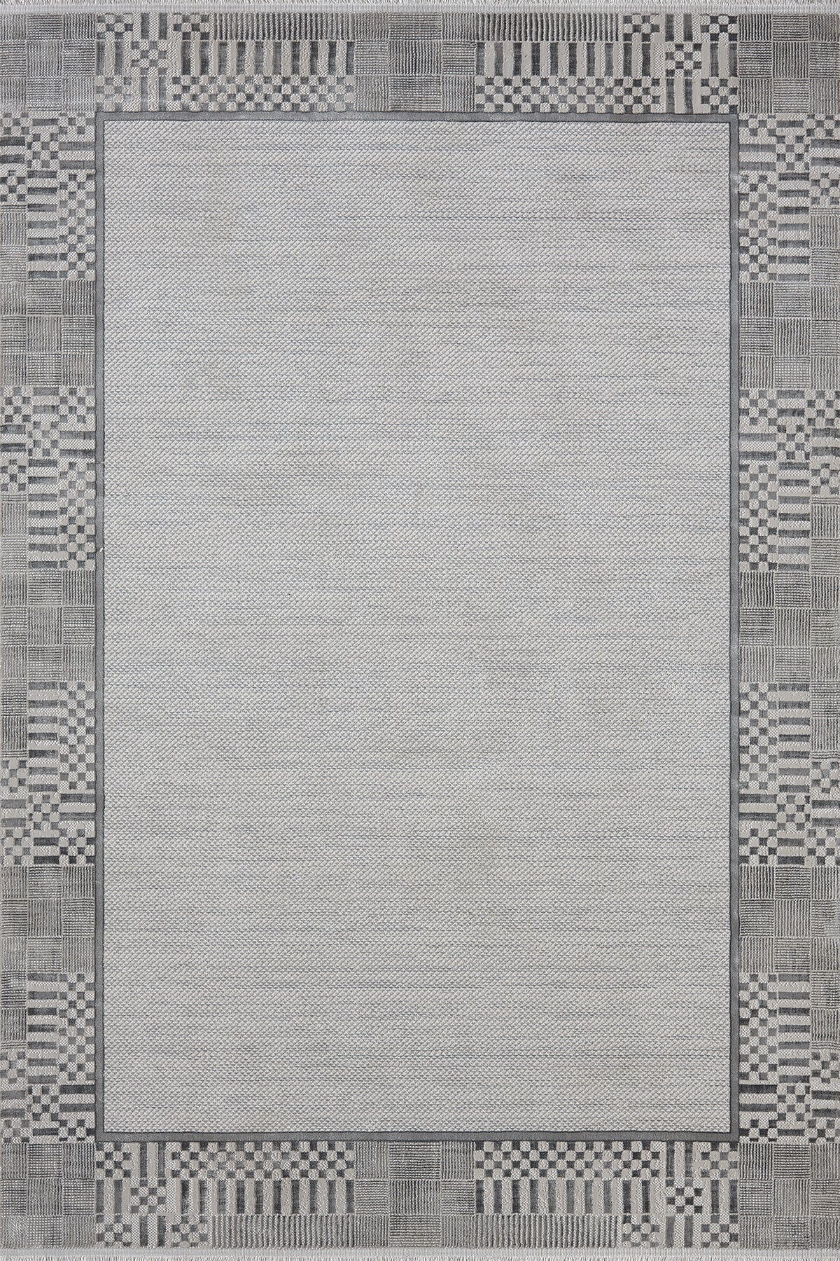 Grey · Chequer Border Rug — overhead view of the full rug
