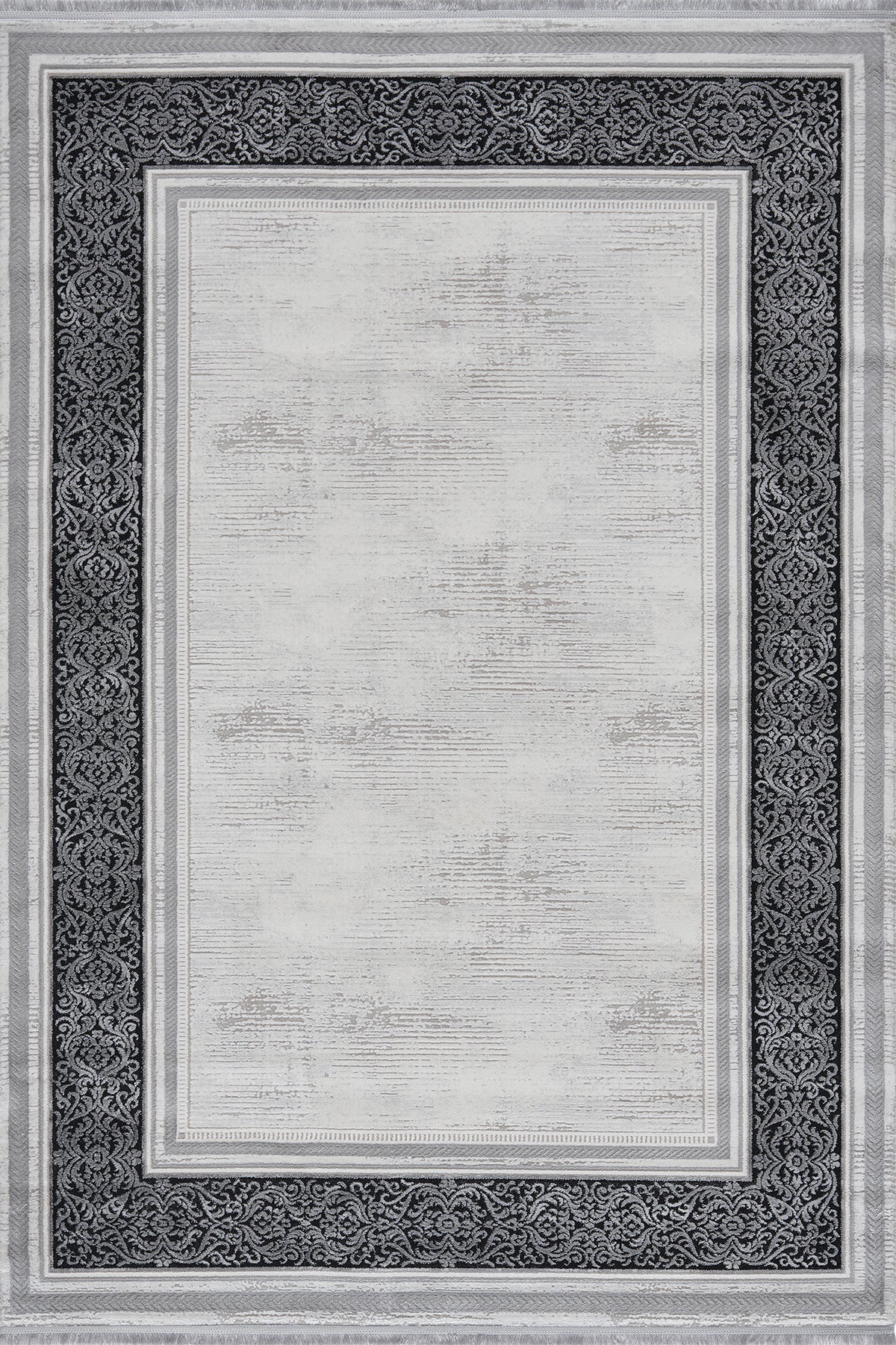 Anthracite · Damask Border Rug — overhead view of the full rug