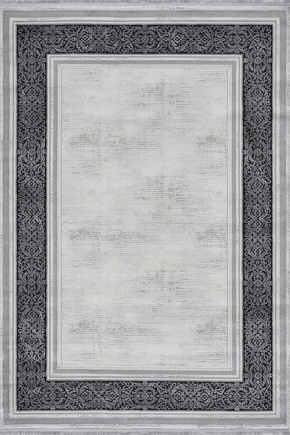 Anthracite · Damask Border Rug — overhead view of the full rug