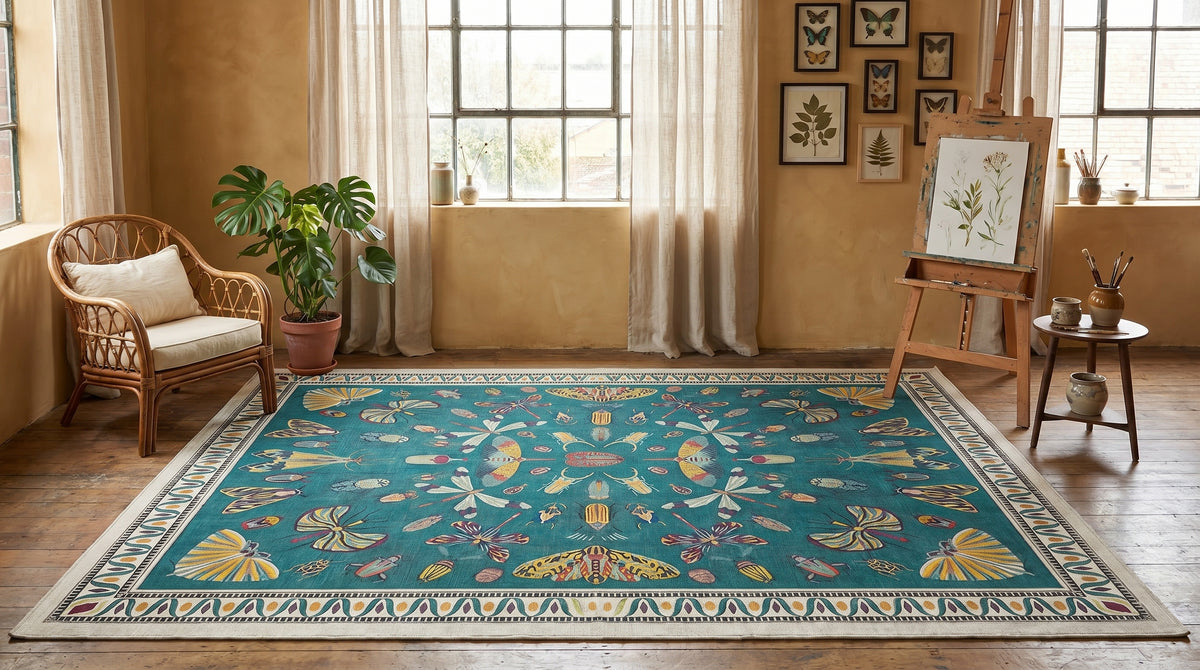 Teal · Washable Butterfly Botanical Rug