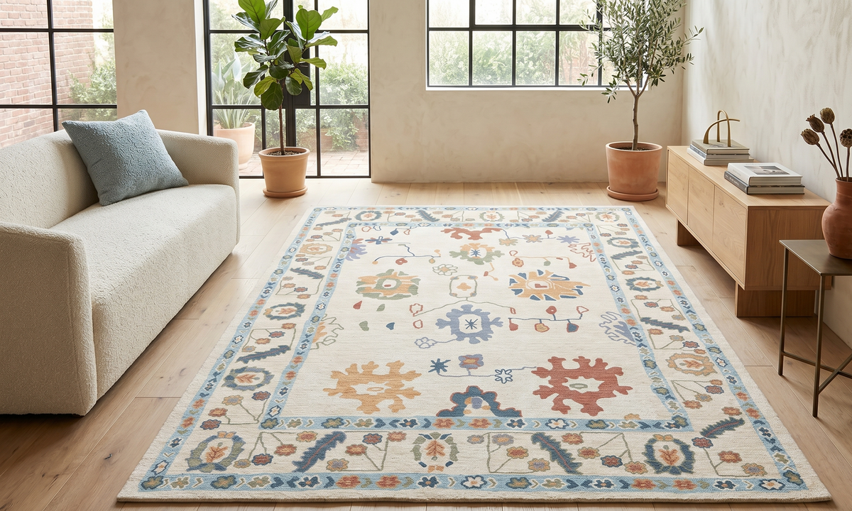 Blue · Washable Ivory Oushak Rug